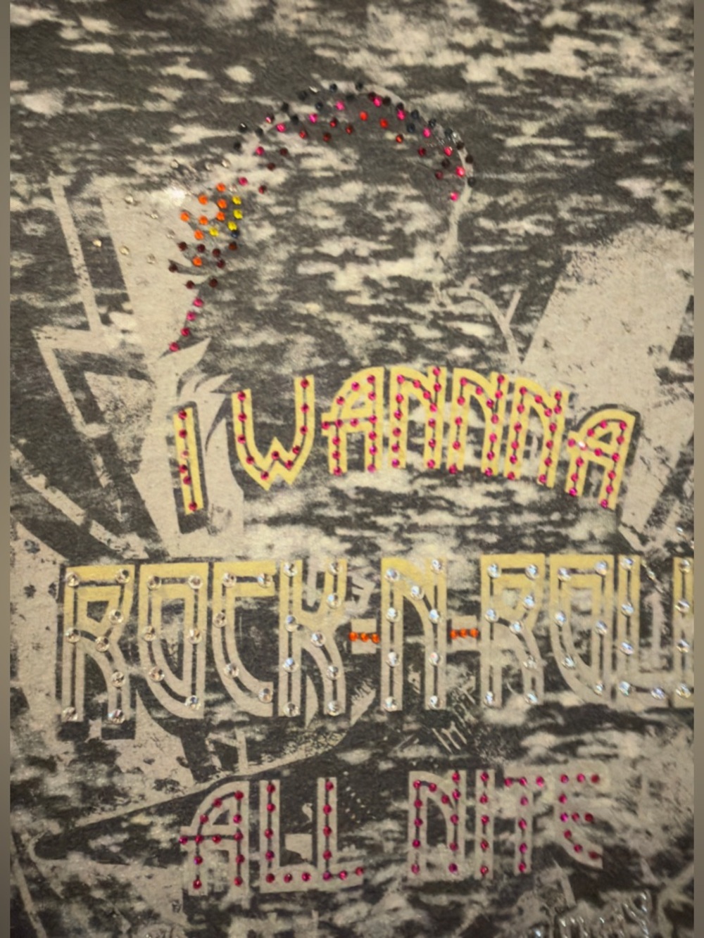 Rock n Roll T-Shirt Top Black Whitewash, Austrian Crystals. Unisex M